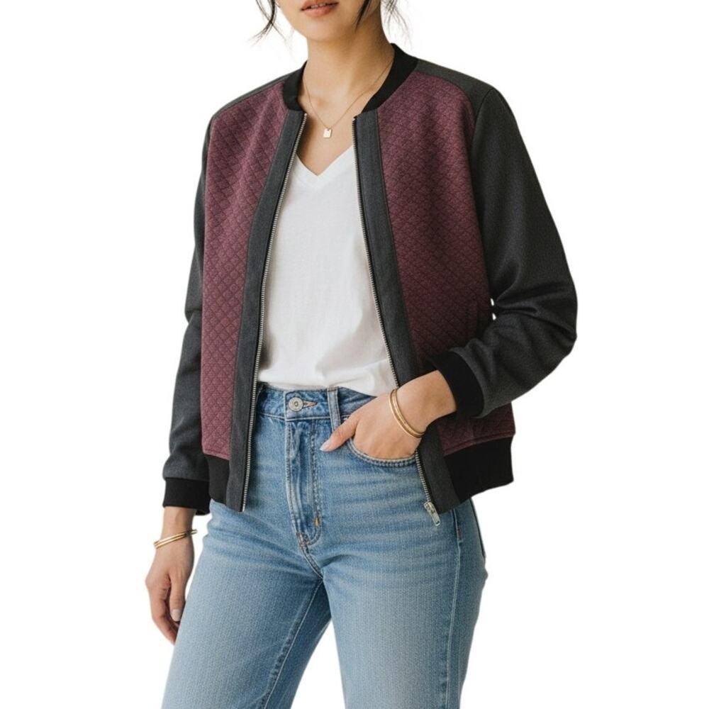 Tilley Wanderer Quilted Bomber Jacket Maroon Gray Wool Blend Made in Canada SP